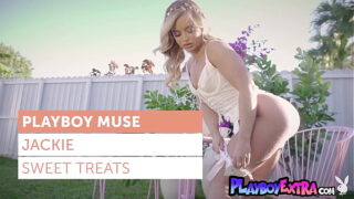 Smiling big booty teen blondie Jackie Jane presenting a sensual striptease